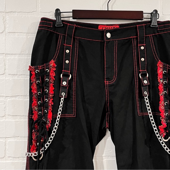 Tripp NYC Black And Red Plaid Lace-Up Chain Pants Gothic Chain Wide Leg Jeans - Picture 5 of 16